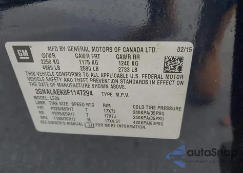 2015 Chevrolet Equinox Ls из США, поврежденный, VIN 2GNALAEK8F1147294